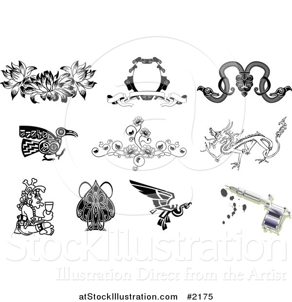 Vector Illustration of Tattoo Designs and Gun