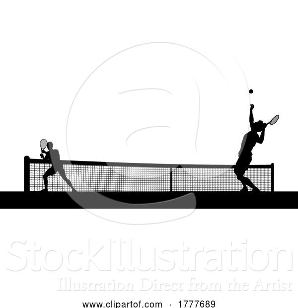 Vector Illustration of Tennis Men Playing Match Silhouette Players Scene