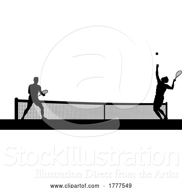 Vector Illustration of Tennis Men Playing Match Silhouette Players Scene