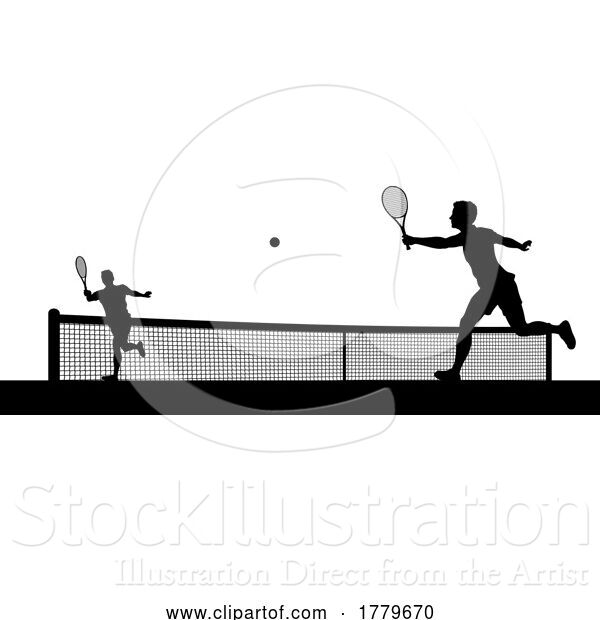 Vector Illustration of Tennis Men Playing Match Silhouette Players Scene