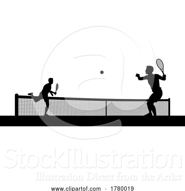 Vector Illustration of Tennis Men Playing Match Silhouette Players Scene
