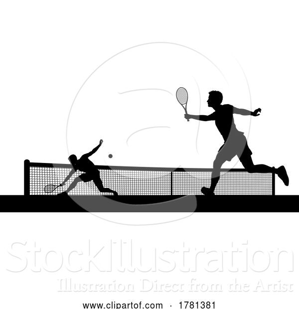 Vector Illustration of Tennis Men Playing Match Silhouette Players Scene