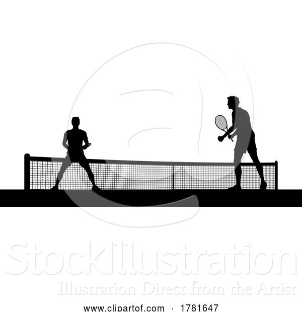 Vector Illustration of Tennis Men Playing Match Silhouette Players Scene