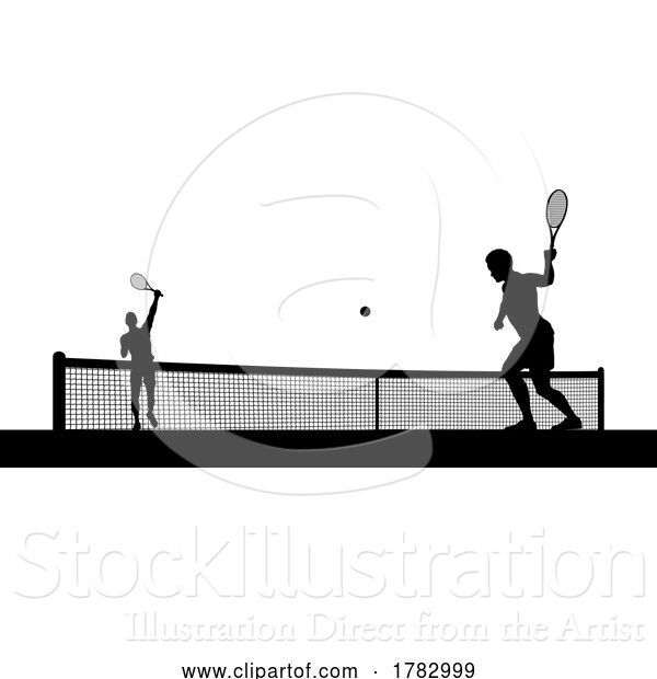 Vector Illustration of Tennis Men Playing Match Silhouette Players Scene