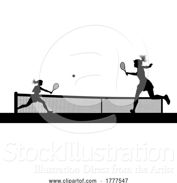 Vector Illustration of Tennis Women Playing Match Silhouette Players