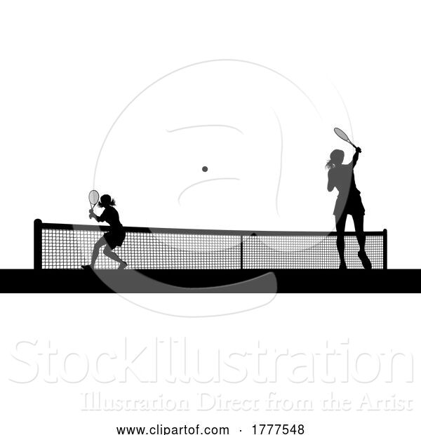 Vector Illustration of Tennis Women Playing Match Silhouette Players