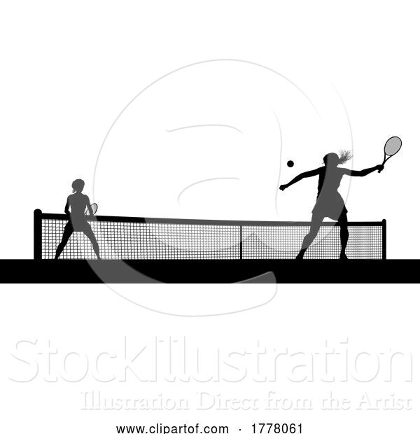 Vector Illustration of Tennis Women Playing Match Silhouette Players