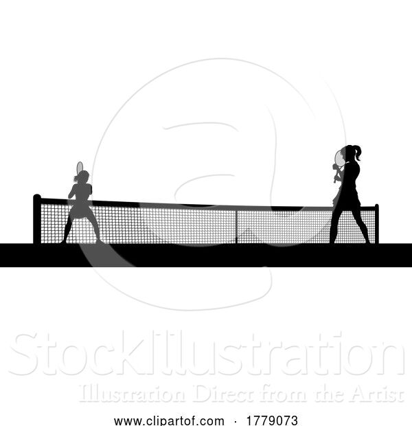 Vector Illustration of Tennis Women Playing Match Silhouette Players