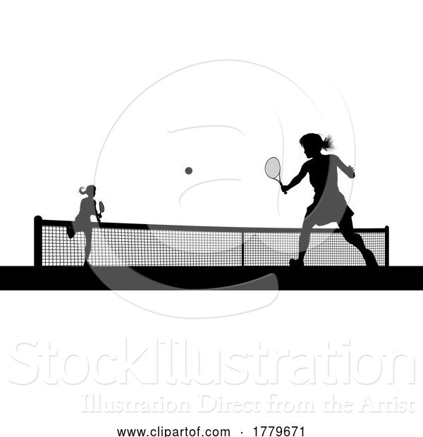 Vector Illustration of Tennis Women Playing Match Silhouette Players
