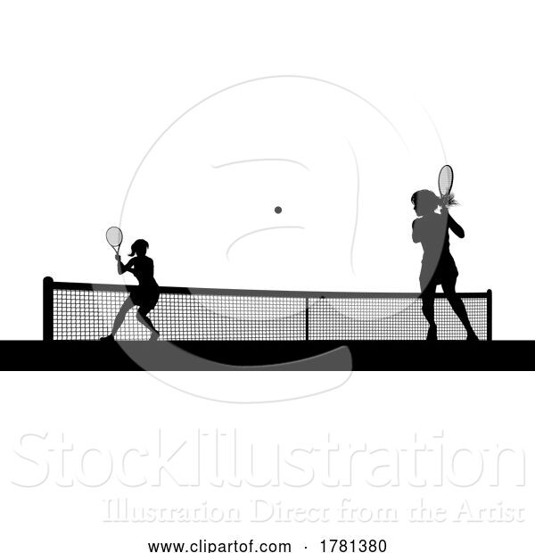 Vector Illustration of Tennis Women Playing Match Silhouette Players