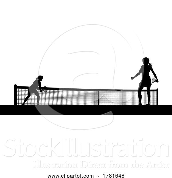 Vector Illustration of Tennis Women Playing Match Silhouette Players