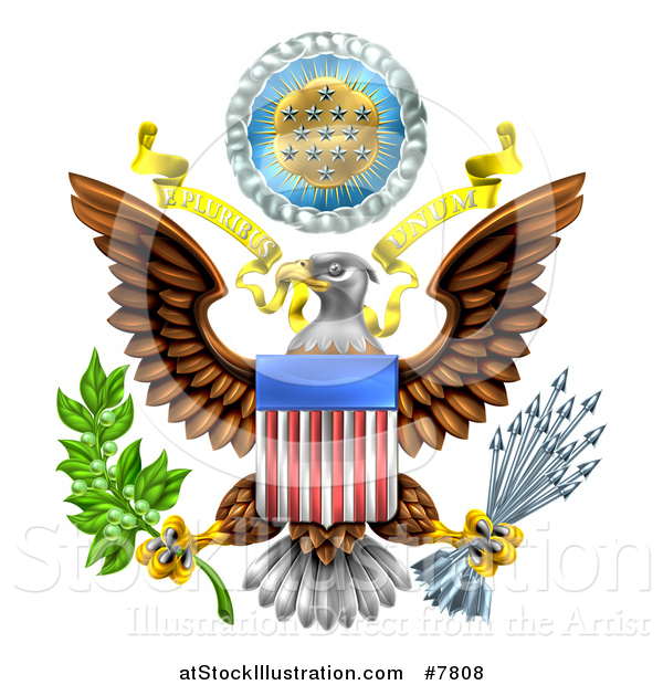 Vector Illustration of the Great Seal of the United States Bald Eagle with an American Flag Shield, Holding an Olive Branch and Arrows, with E Pluribus Unum Scroll and Stars