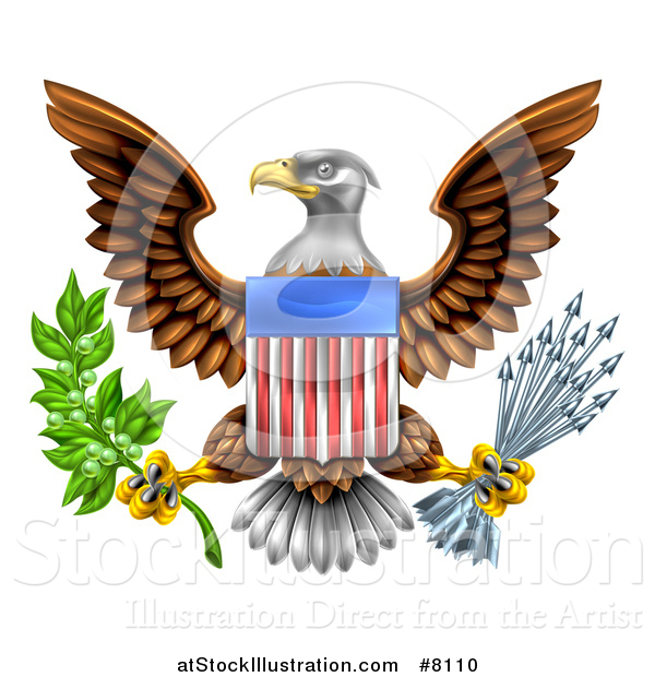 Vector Illustration of the Great Seal of the United States Bald Eagle with an American Flag Shield, Holding an Olive Branch and Silver Arrows