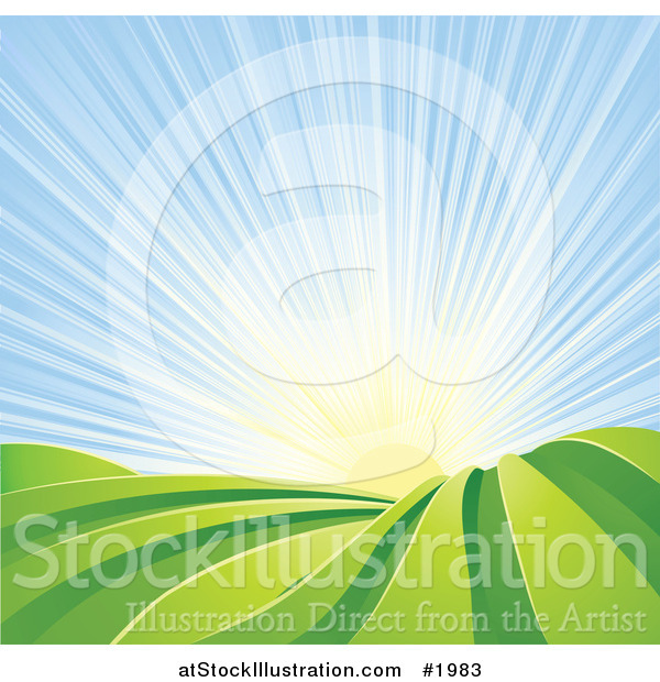 Vector Illustration of the Sun Rising over Green Hilly Farm Fields