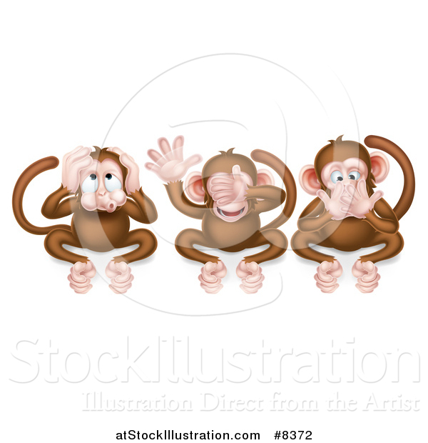 Vector Illustration of the Three Wise Monkeys Covering Their Ears, Eyes and Mouth, Hear No Evil, See No Evil, Speak No Evil