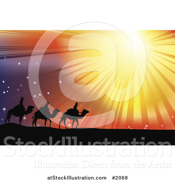 Vector Illustration of Three Wise Men Following the Star of Bethlehem in the Desert
