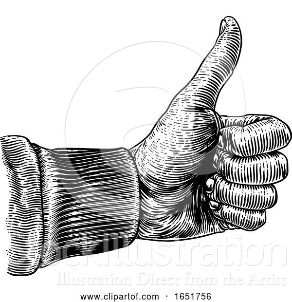 Vector Illustration of Thumb up Hand Sign Retro Vintage Woodcut