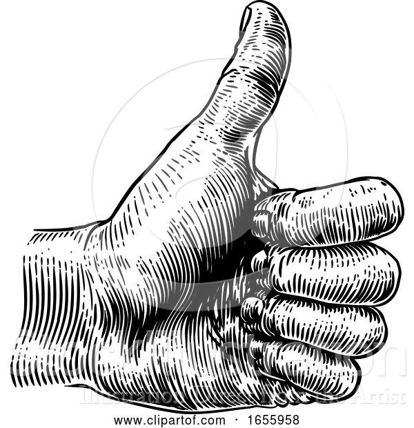 Vector Illustration of Thumb up Hand Sign Retro Vintage Woodcut