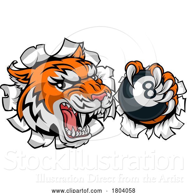 Vector Illustration of Tiger Angry Pool 8 Ball Billiards Mascot