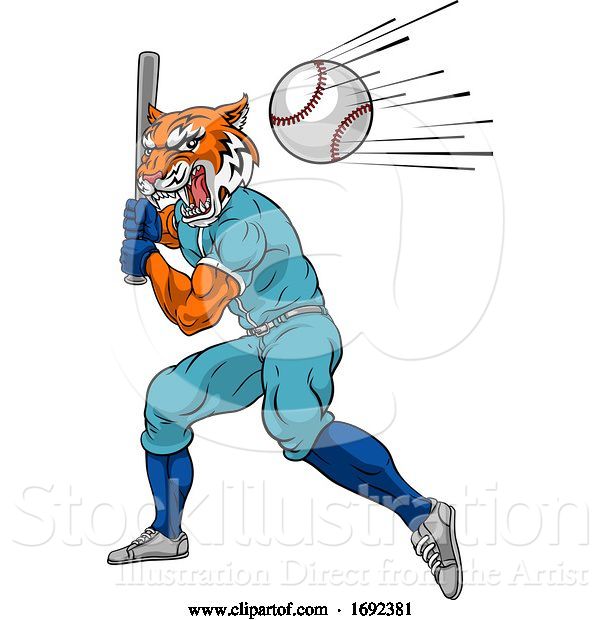 Vector Illustration of Tiger Baseball Player Mascot Swinging Bat at Ball