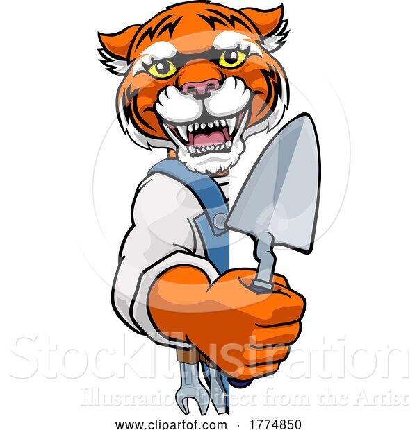 Vector Illustration of Tiger Bricklayer Builder Holding Trowel Tool