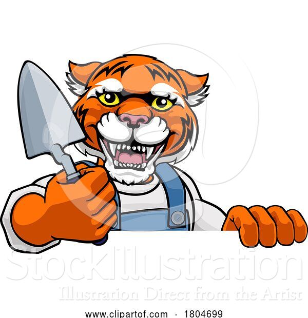 Vector Illustration of Tiger Bricklayer Builder Holding Trowel Tool