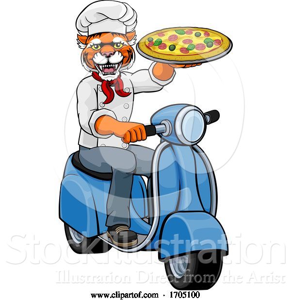 Vector Illustration of Tiger Chef Pizza Restaurant Delivery Scooter