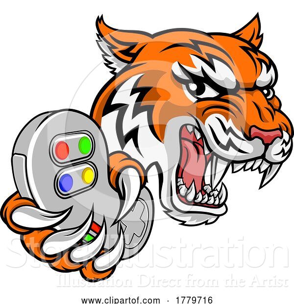 Vector Illustration of Tiger Gamer Video Game Controller Mascot