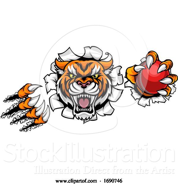 Vector Illustration of Tiger Holding Cricket Ball Breaking Background