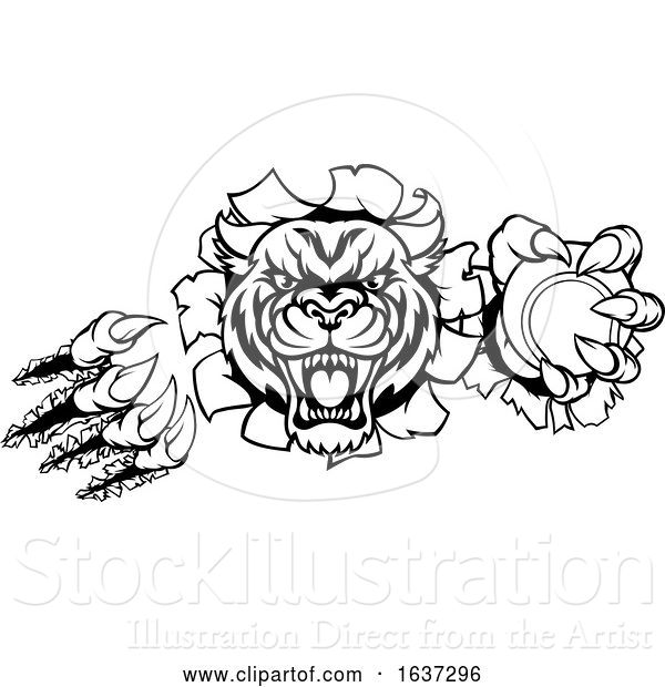 Vector Illustration of Tiger Holding Tennis Ball Breaking Background