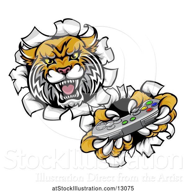 Vector Illustration of Tiger Mascot Playing a Video Game and Breaking Through a Wall