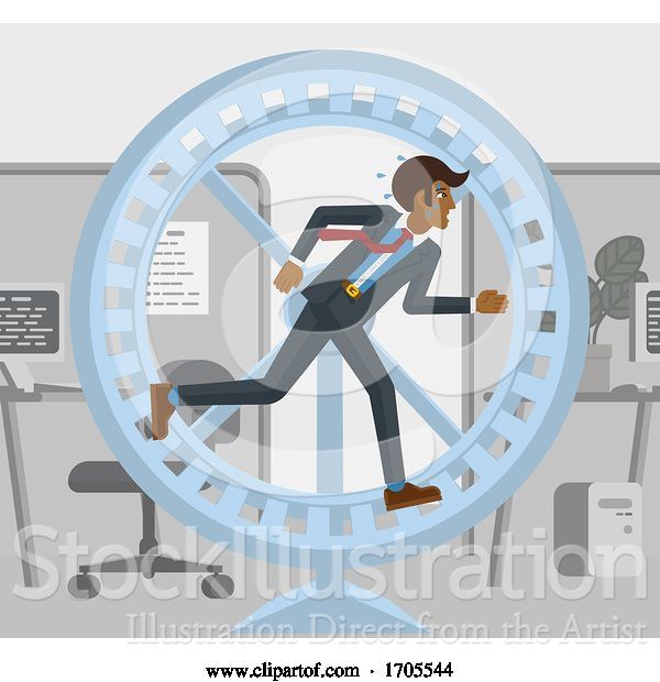Vector Illustration of Tired Stressed Businessman Running Hamster Wheel