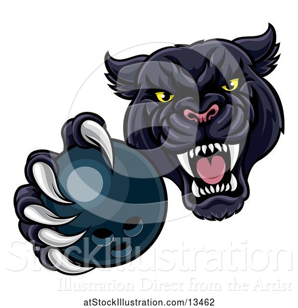 Vector Illustration of Tough Black Panther Monster Mascot Holding out a Bowling Ball in One Clawed Paw