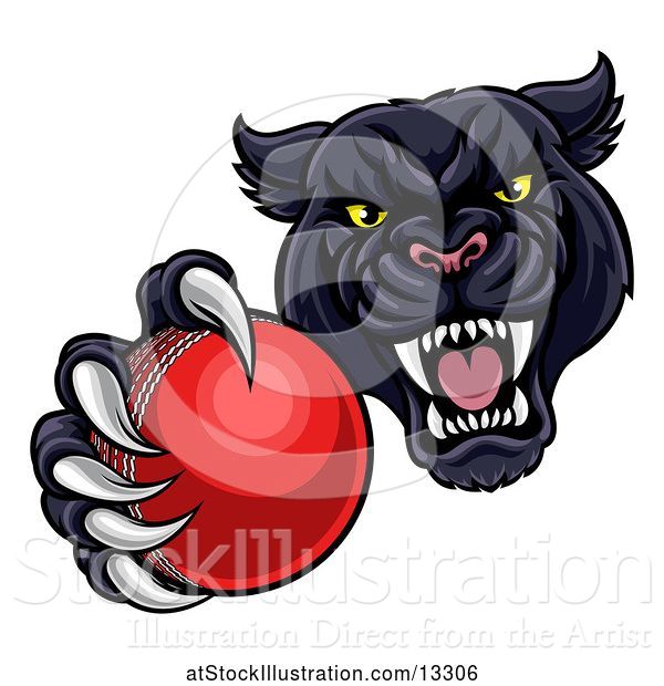 Vector Illustration of Tough Black Panther Monster Mascot Holding out a Cricket Ball in One Clawed Paw