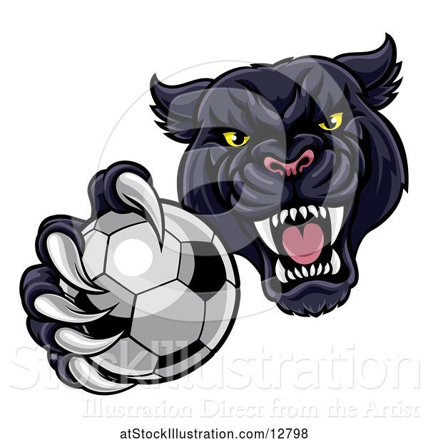 Vector Illustration of Tough Black Panther Monster Mascot Holding out a Soccer Ball in One Clawed Paw