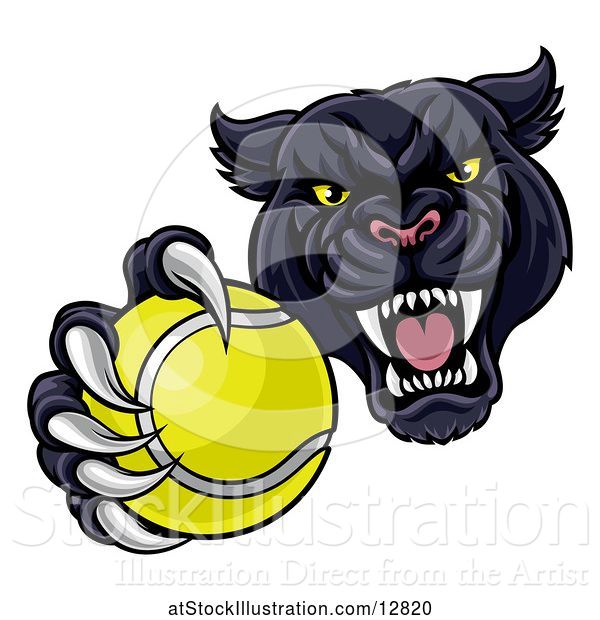 Vector Illustration of Tough Black Panther Monster Mascot Holding out a Tennis Ball in One Clawed Paw