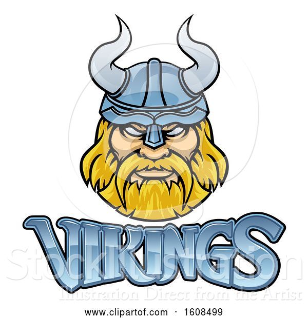 Vector Illustration of Tough Blond Male Warrior Face Wearing a Horned Helmet over Vikings Text