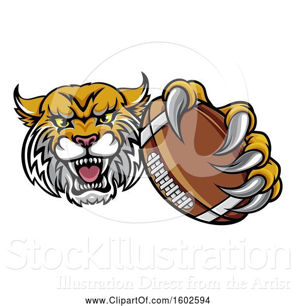 Vector Illustration of Tough Bobcat Lynx Monster Mascot Holding out an American Football in One Clawed Paw