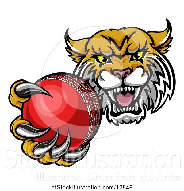 Vector Illustration of Tough Lynx Monster Mascot Holding out a Cricket Ball in One Clawed Paw