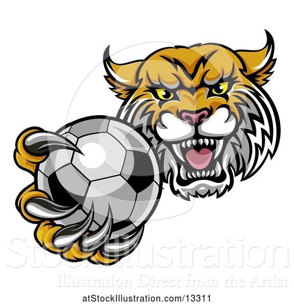Vector Illustration of Tough Lynx Monster Mascot Holding out a Soccer Ball in One Clawed Paw