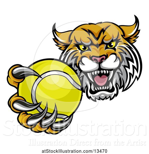 Vector Illustration of Tough Lynx Monster Mascot Holding out a Tennis Ball in One Clawed Paw