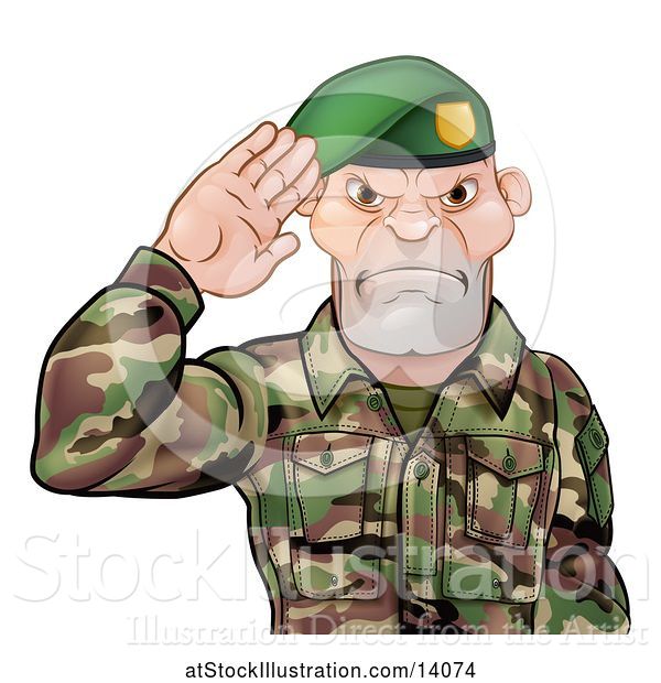 Vector Illustration of Tough Male Soldier Saluting and Wearing a Green Beret