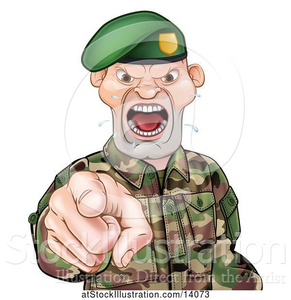 Vector Illustration of Tough Male Soldier Wearing a Green Beret, Shouting and Pointing Outwards