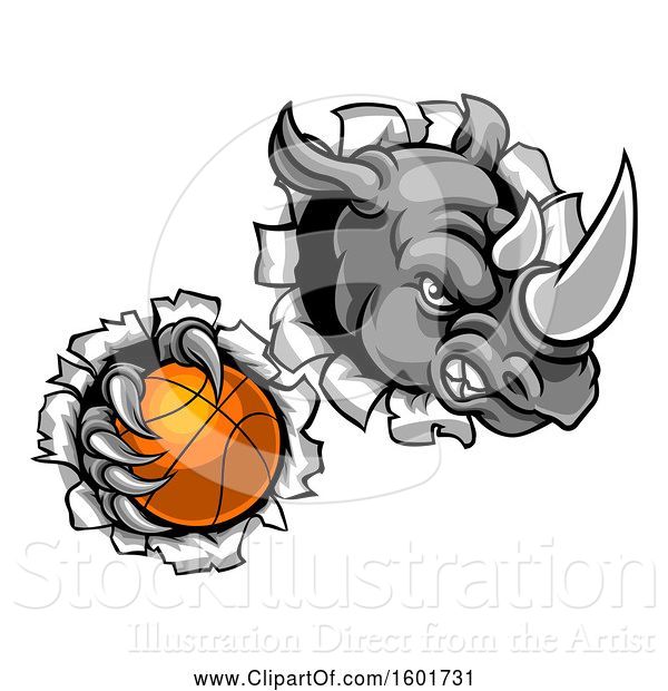 Vector Illustration of Tough Rhino Monster Mascot Holding a Basketball in One Clawed Paw and Breaking Through a Wall