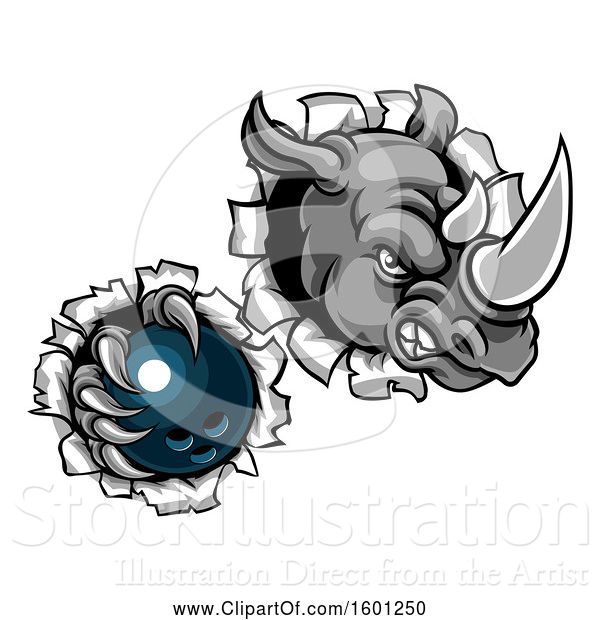 Vector Illustration of Tough Rhino Monster Mascot Holding a Bowling Ball in One Clawed Paw and Breaking Through a Wall
