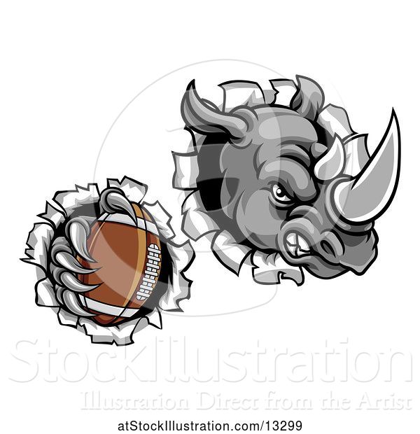 Vector Illustration of Tough Rhino Monster Mascot Holding a Football in One Clawed Paw and Breaking Through a Wall