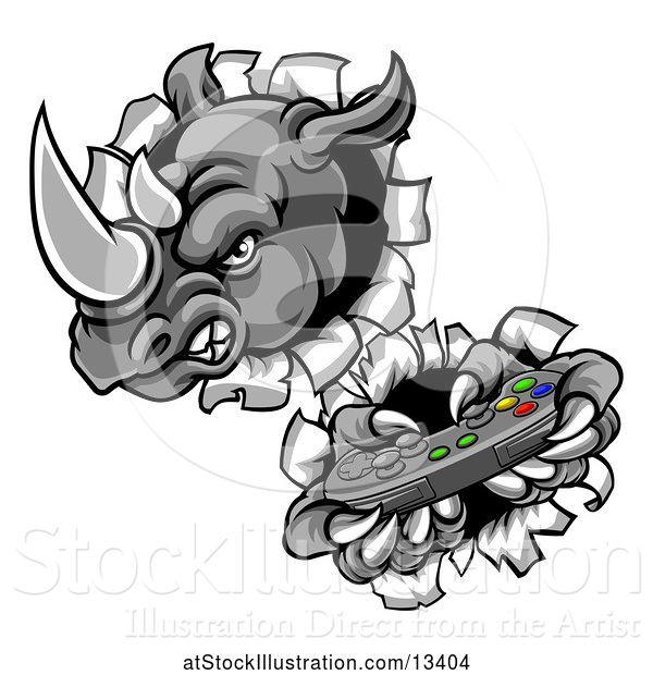 Vector Illustration of Tough Rhino Monster Mascot Holding a Video Game Controller and Breaking Through a Wall