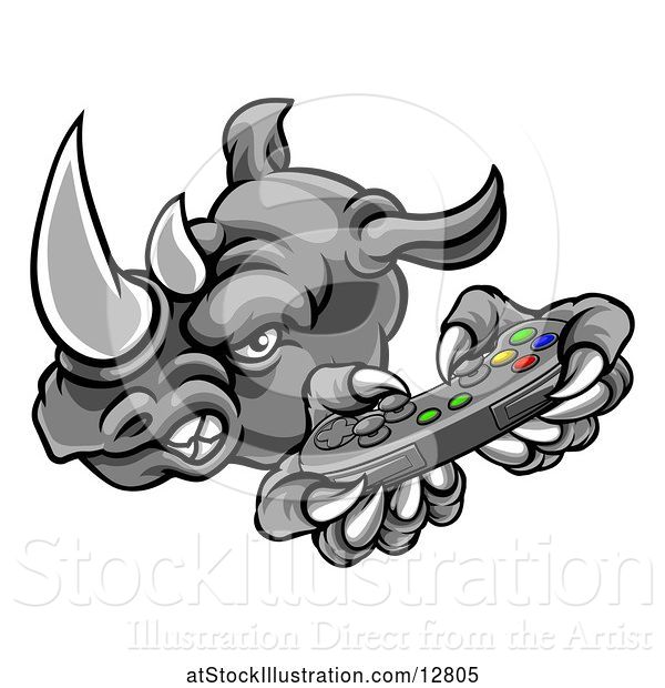 Vector Illustration of Tough Rhino Monster Mascot Holding a Video Game Controller