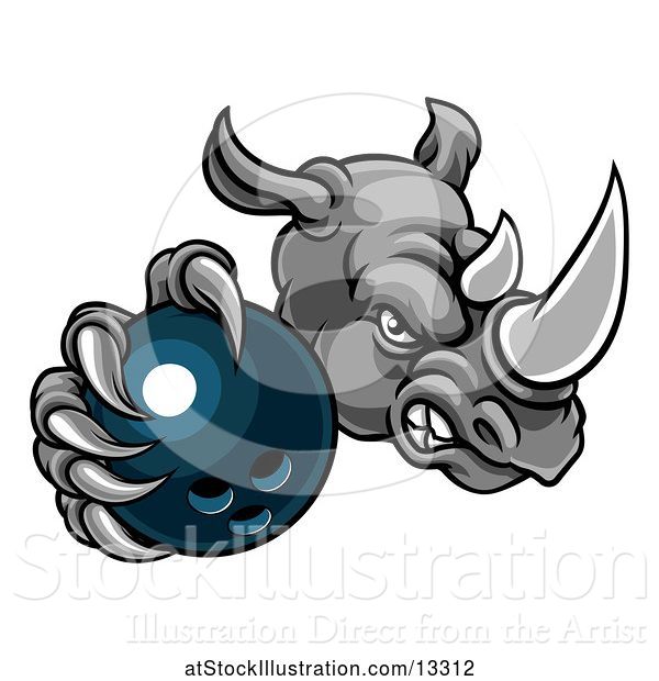 Vector Illustration of Tough Rhino Monster Mascot Holding out a Bowling Ball in One Clawed Paw