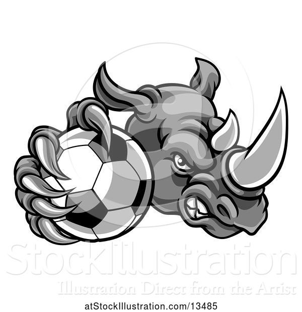 Vector Illustration of Tough Rhino Monster Mascot Holding out a Soccer Ball in One Clawed Paw